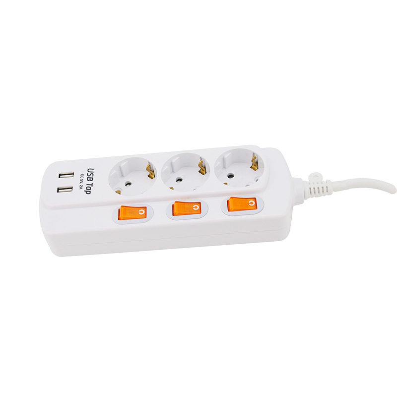 Điện trở hóa học 3 ổ cắm tiêu chuẩn EU với 2 cổng USB và 3 công tắc riêng lẻ Điện trở hóa học 3 ổ cắm tiêu chuẩn EU với 2 cổng USB và 3 công tắc riêng lẻ